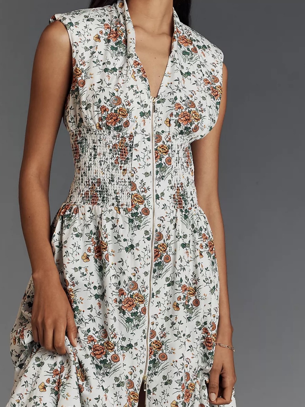 Anthropologie Cottage Garden Floral Gold Zipper Front Dress w Yellow Rust Blooms - Picture 3 of 11